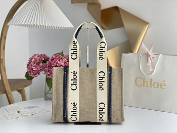Okify Chloe Medium Woody Tote Bag Navy Blue And Beige 37x26x12cm