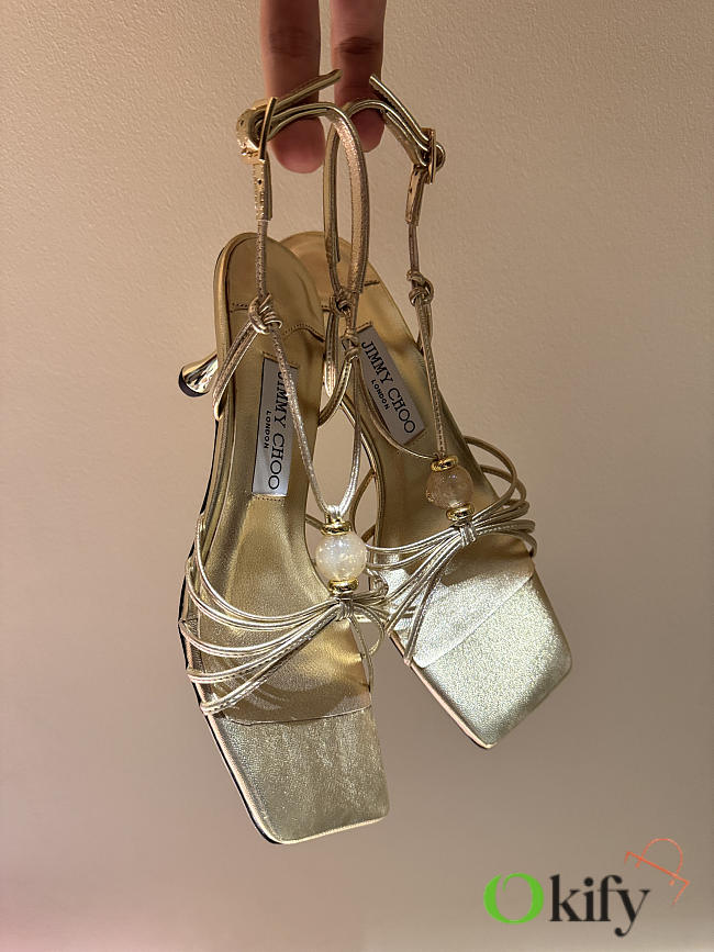 Okify Jimmy Choo Gold High Heel Sandals With Rhinestone 6.5cm (has big size) - 1