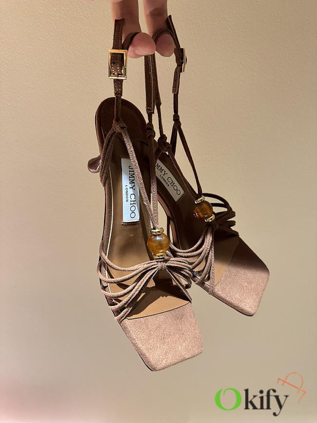 Okify Jimmy Choo Brown Suede High Heel Sandals With Rhinestone 6.5cm (has big size) - 1