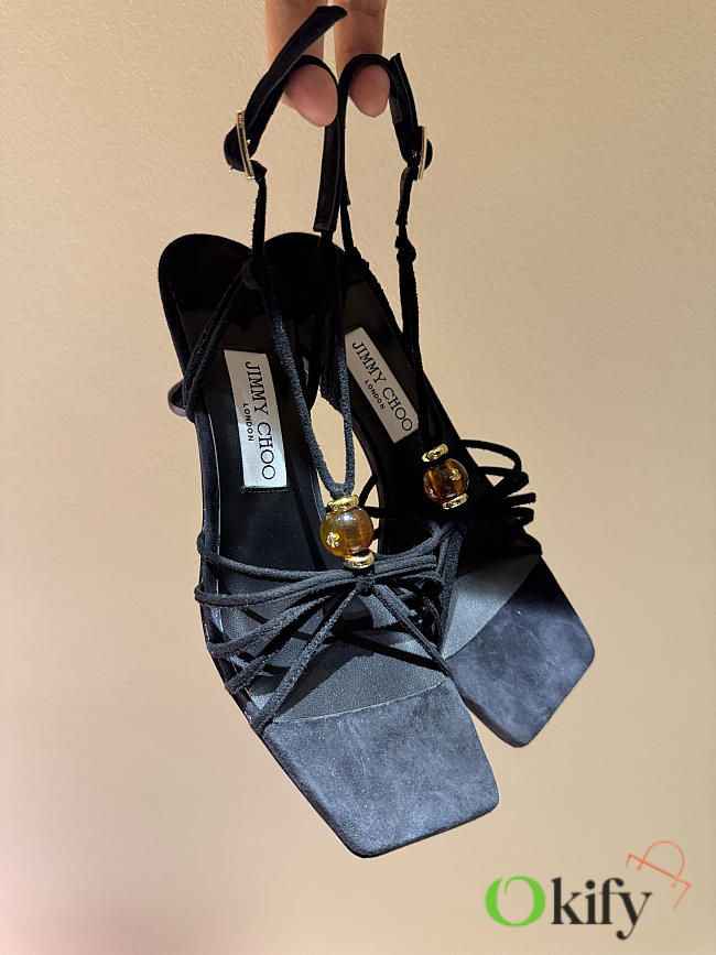 Okify Jimmy Choo Black Suede High Heel Sandals With Rhinestone 6.5cm (has big size) - 1