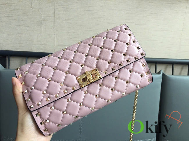 Okify Valentino Rockstud Spike Nappa Leather Crossbody Clutch Bag Light Pink 23.5x14.5x4.5cm - 1