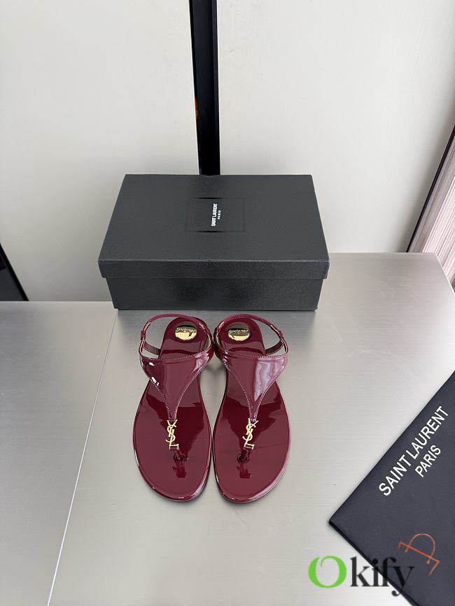 Okify YSL Cassandra Dark Red Patent Flat Thong Sandals (has big size) - 1