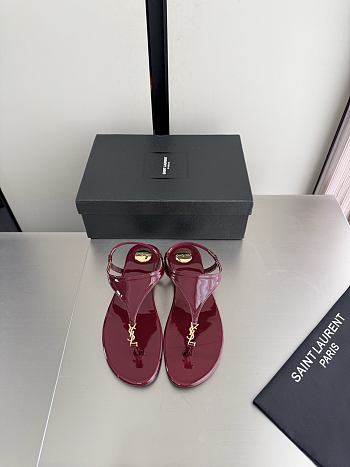 Okify YSL Cassandra Dark Red Patent Flat Thong Sandals (has big size)