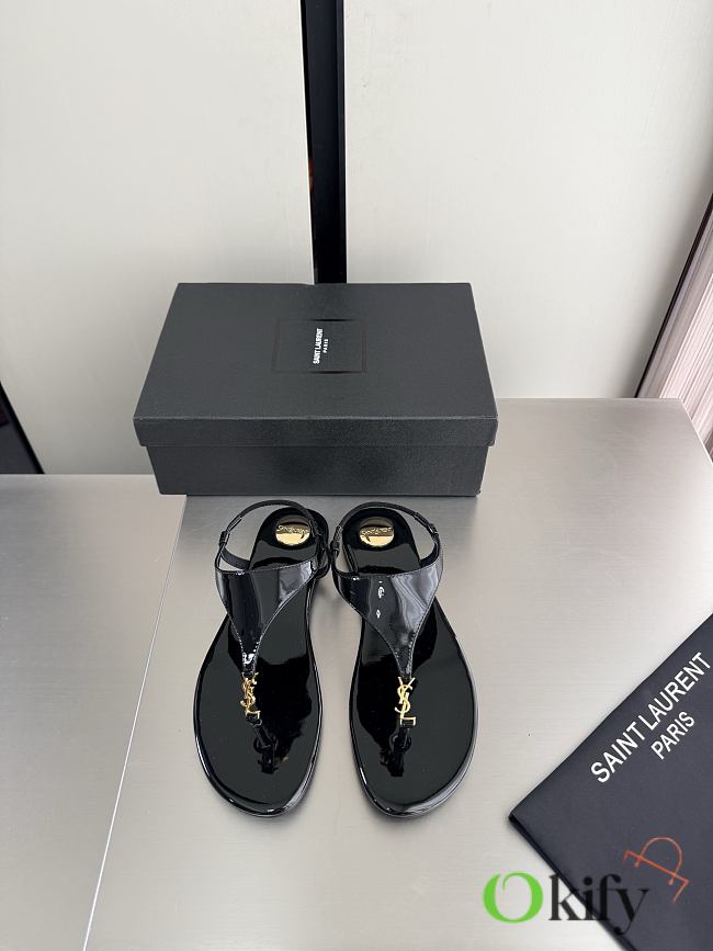 Okify YSL Cassandra Black Patent Flat Thong Sandals (has big size) - 1