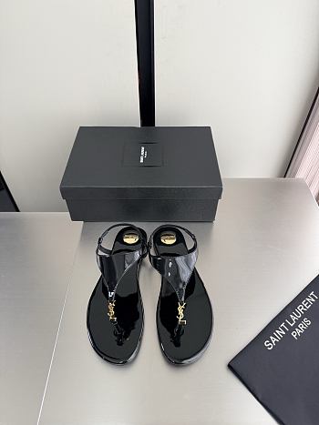 Okify YSL Cassandra Black Patent Flat Thong Sandals (has big size)
