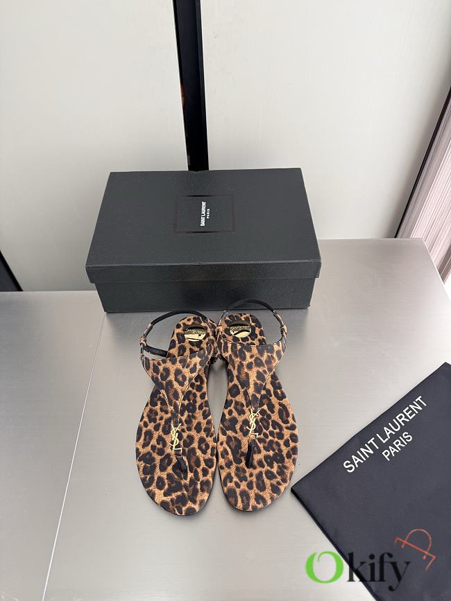 Okify YSL Cassandra Leopard Flat Thong Sandals (has big size) - 1