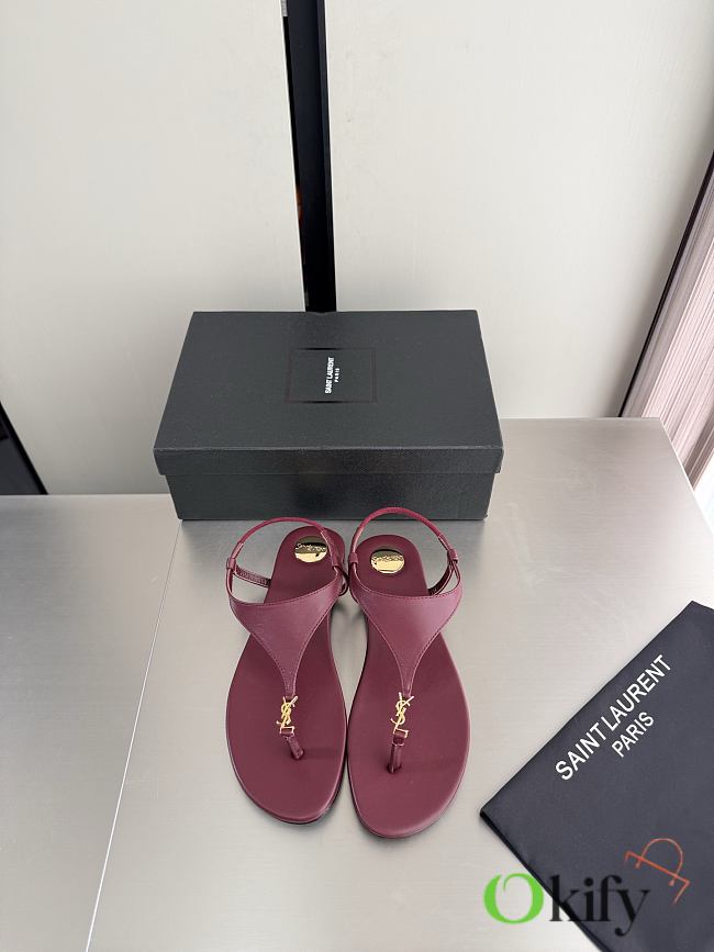 Okify YSL Cassandra Dark Red Flat Thong Sandals (has big size) - 1
