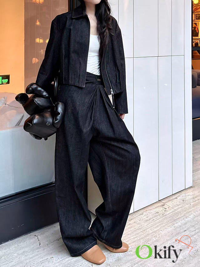 Okify Loewe Set Of Women Black Denim Short Jacket And Jeans (has big size) - 1