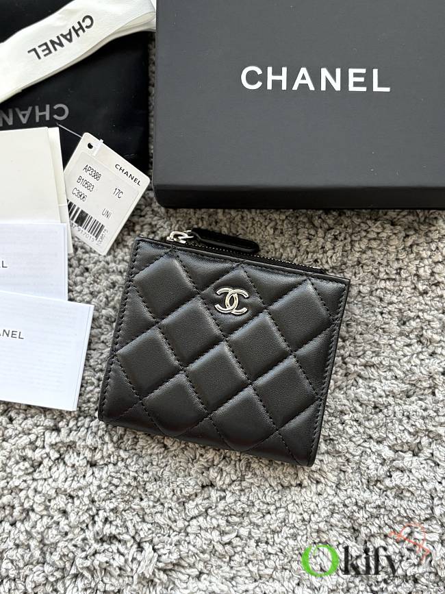Okify CC Black Lambskin Silver Hardware Small Wallet 11x10x2cm - 1
