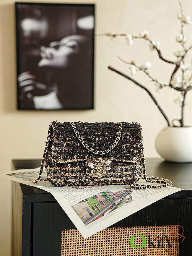 Okify CC Black Sequin Gold Flap Bag 20x13x7cm - 1