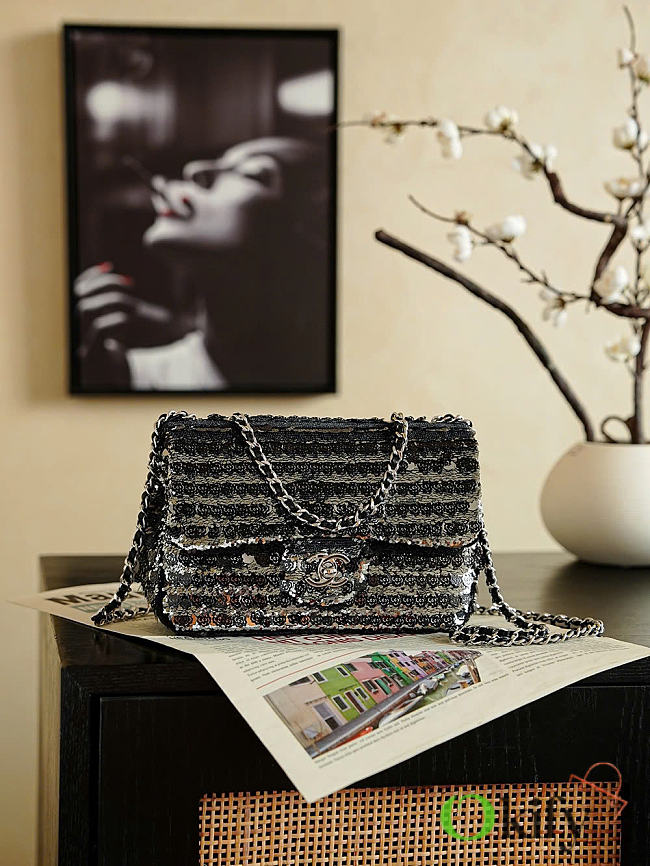 Okify CC Black Sequin Silver Flap Bag 20x13x7cm - 1