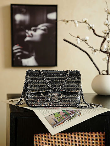 Okify CC Black Sequin Silver Flap Bag 20x13x7cm