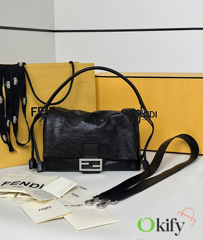 Okify Fendi Mamma Baguette Bag Black Cracked Leather 26x16x9cm - 1