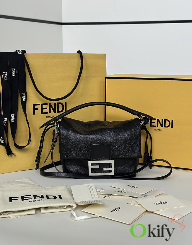 Okify Fendi Mamma Baguette Bag Black Cracked Leather 16x12x8cm - 1