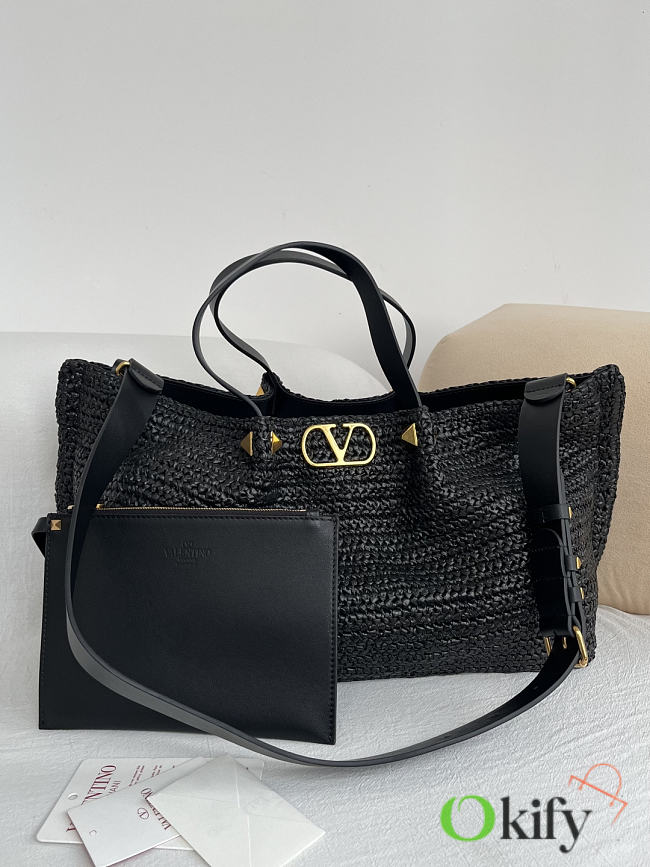 Okify Valentino Garavani VLogo Raffia Tote Bag Black 35x25x17cm - 1