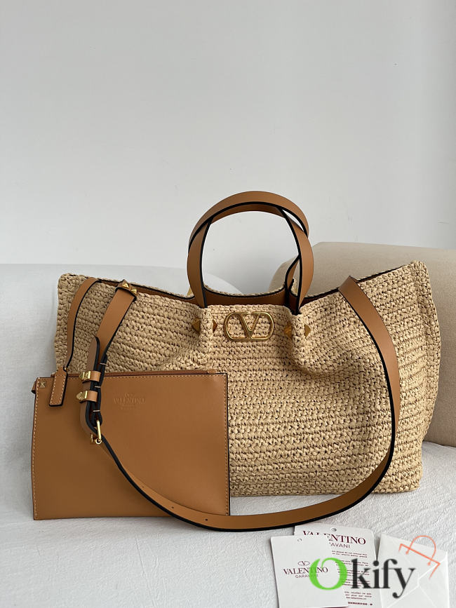 Okify Valentino Garavani VLogo Raffia Tote Bag Beige 35x25x17cm - 1