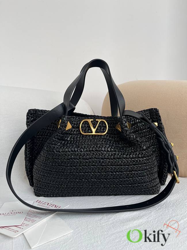 Okify Valentino Garavani VLogo Raffia Tote Bag Black 25x18x12cm - 1