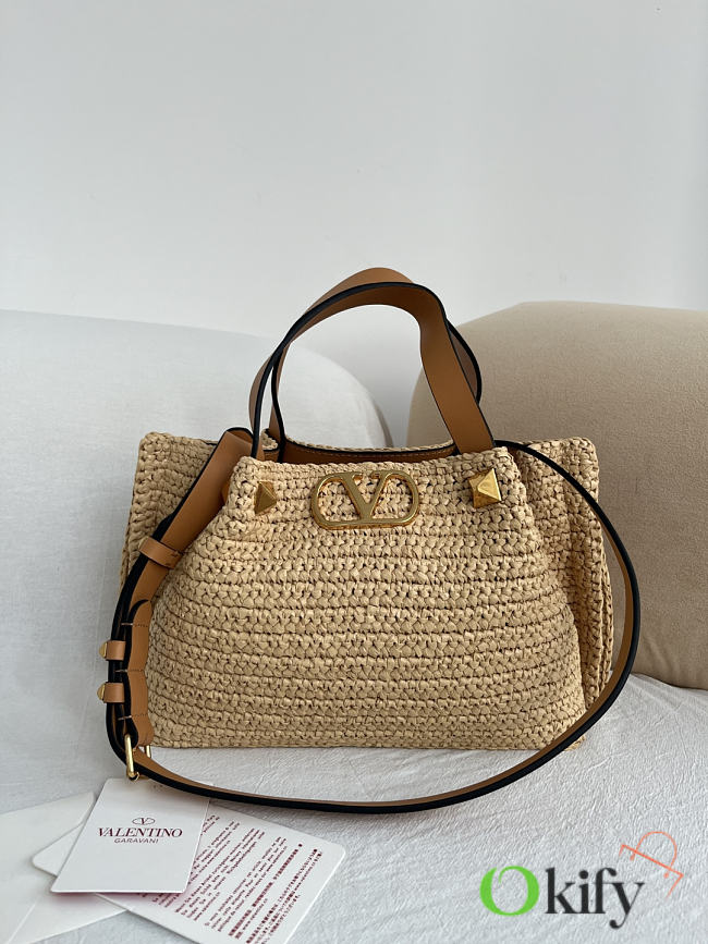 Okify Valentino Garavani VLogo Raffia Tote Bag Beige 25x18x12cm - 1