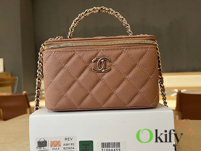 Okify CC Vanity Top Handle With Pearl Bag Brown Caviar 17cm - 1