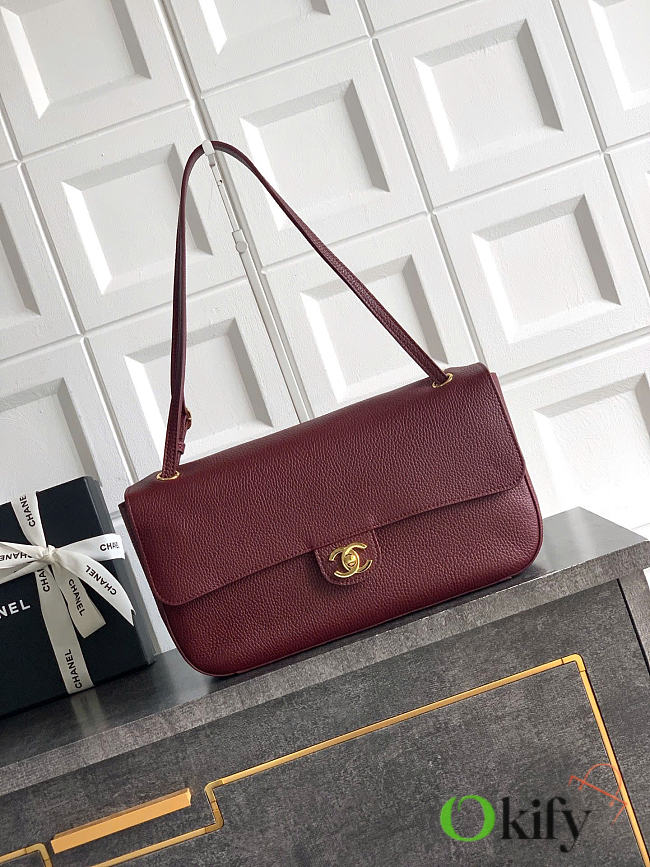 Okify CC 2026 Maxi Flap Bag Red Burgundy Grained Calfskin Gold Hardware 32x19.5x10cm - 1
