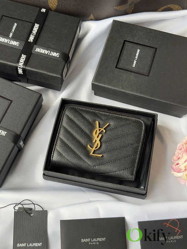 Okify YSL Black Grained Calfskin Small Wallet Gold Hardware 12x10x3cm - 1