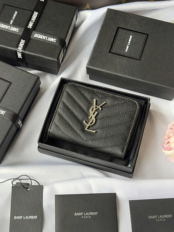 Okify YSL Black Grained Calfskin Small Wallet Silver Hardware 12x10x3cm