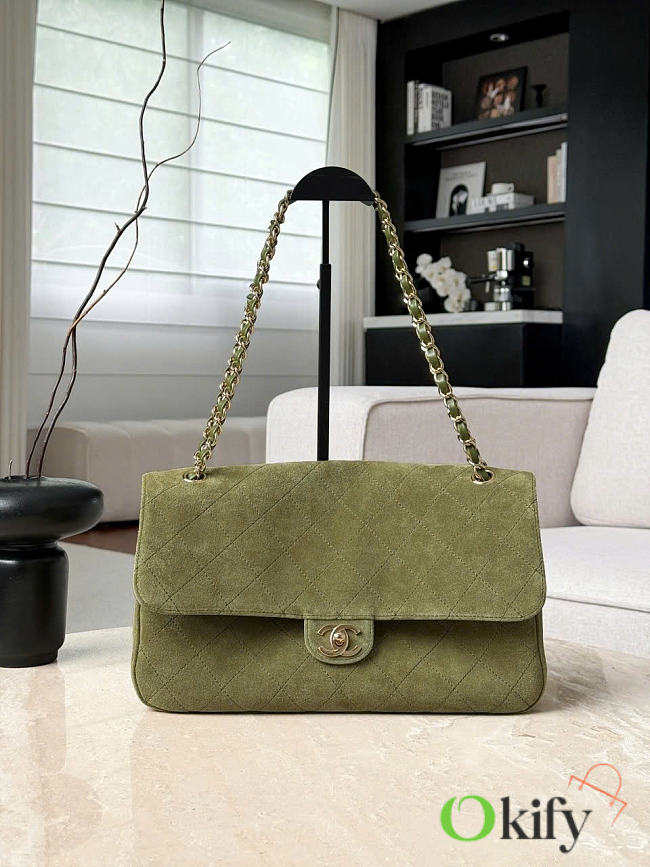 Okify CC Maxi Flap Bag Green Suede AS6627 32x19.5x10cm - 1