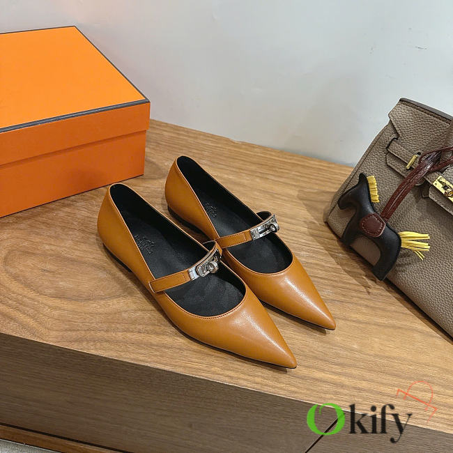Okify Hermes Brown Leather Mary Jane Pumps (has big size) - 1
