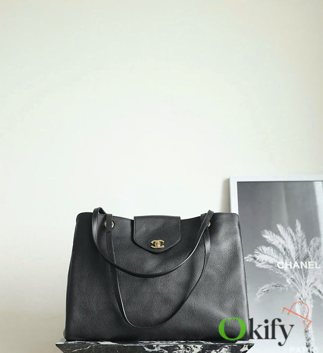 Okify CC Large Shopping Bag Black Grained Calfksin Gold Hardware 46x36x20cm - 1