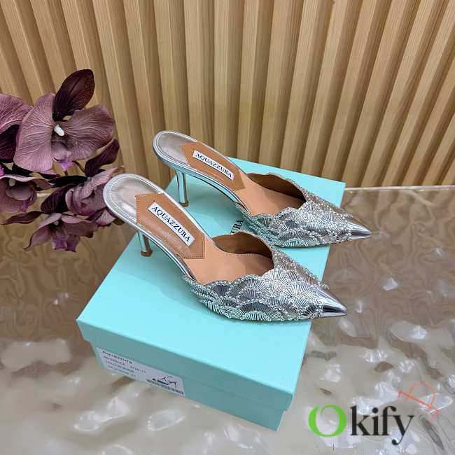 Okify Aquazzura Silver Sequin High Heels 8cm (has big size) - 1