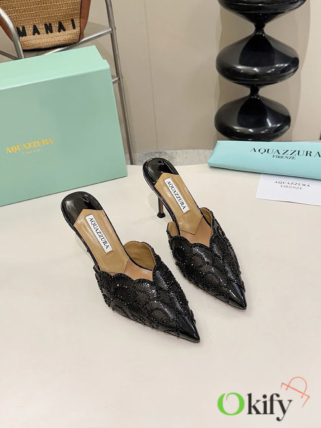 Okify Aquazzura Black Sequin High Heels 8cm (has big size) - 1
