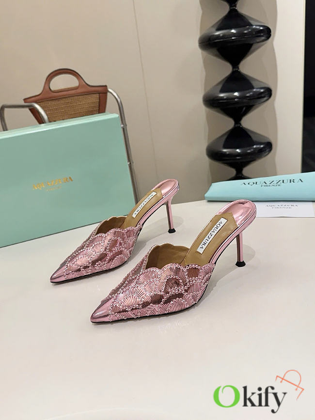 Okify Aquazzura Light Pink Sequin High Heels 8cm (has big size) - 1