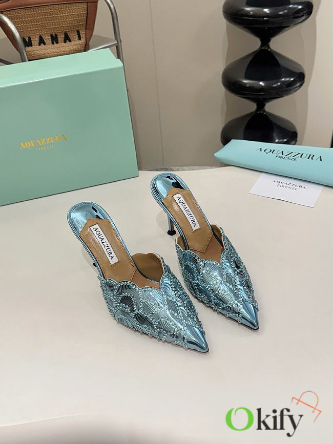 Okify Aquazzura Blue Sequin High Heels 8cm (has big size) - 1