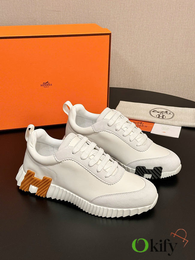 Okify Hermes White Bouncing Sneakers With Black And Brown H Unisex (has big size) - 1