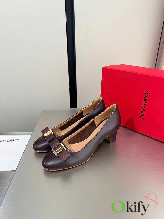 Okify Ferragamo Dark Brown High Heels 6cm (has big size) - 1