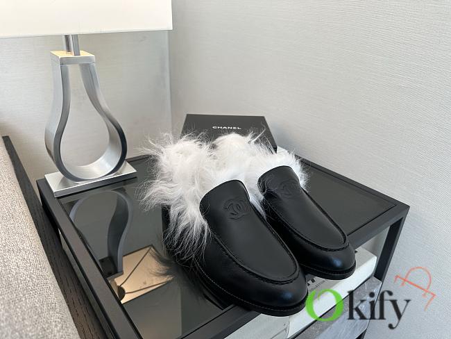 Okify CC Black Leather White Fur Women Loafers  - 1