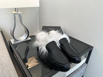 Okify CC Black Leather White Fur Women Loafers 