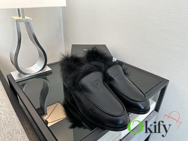 Okify CC Black Leather Black Fur Women Loafers  - 1
