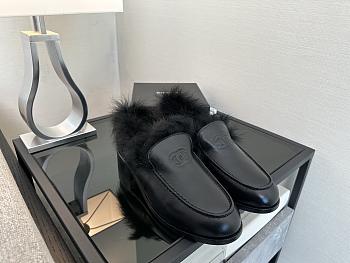 Okify CC Black Leather Black Fur Women Loafers 