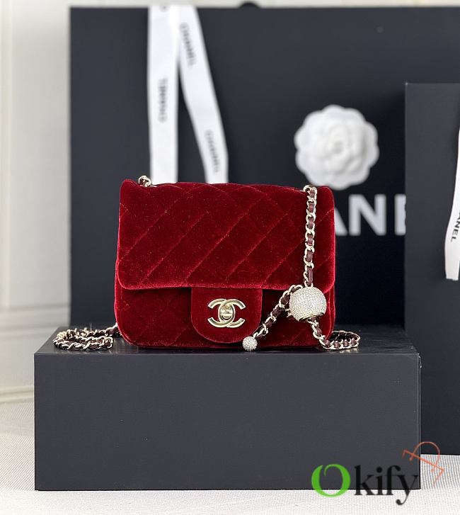 Okify CC Flap Bag Red Velvet With Diamond Ball AS1786 18x13x7cm - 1