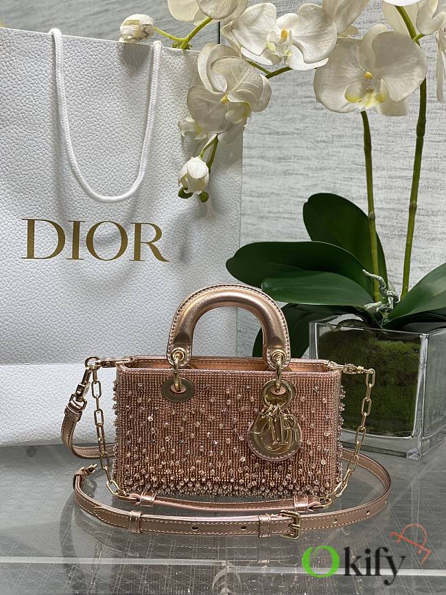 Okify Dior Lady D-Joy Bag Rose Gold With Crystal 16x9x5cm - 1