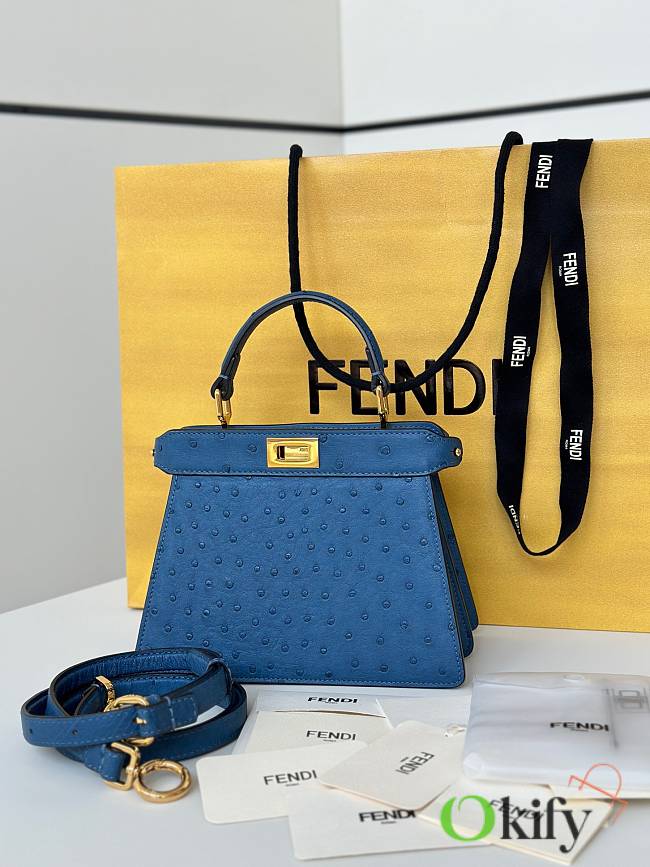 Okify Fendi Peekaboo ISeeU Petite Bag Blue Ostrich 20x15x11cm - 1
