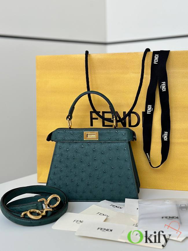 Okify Fendi Peekaboo ISeeU Petite Bag Dark Green Ostrich 20x15x11cm - 1