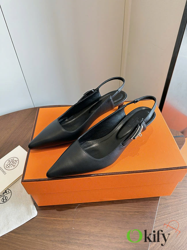 Okify Hermes Black Slingback 4cm (has big size) - 1