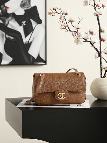 Okify CC Mini Flap Bag Brown Grained Calfskin Gold Hardware AS6573 20x13x6cm