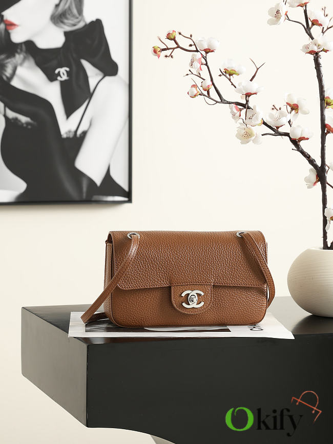 Okify CC Mini Flap Bag Gold Grained Calfskin Silver Hardware AS6573 20x13x6cm - 1