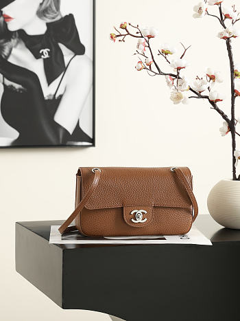 Okify CC Mini Flap Bag Gold Grained Calfskin Silver Hardware AS6573 20x13x6cm