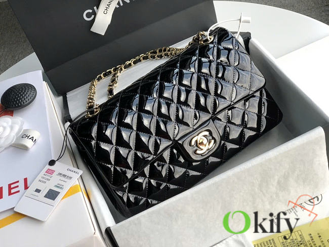 Okify CC Flap Bag Black Patent Gold Hardware 25cm - 1